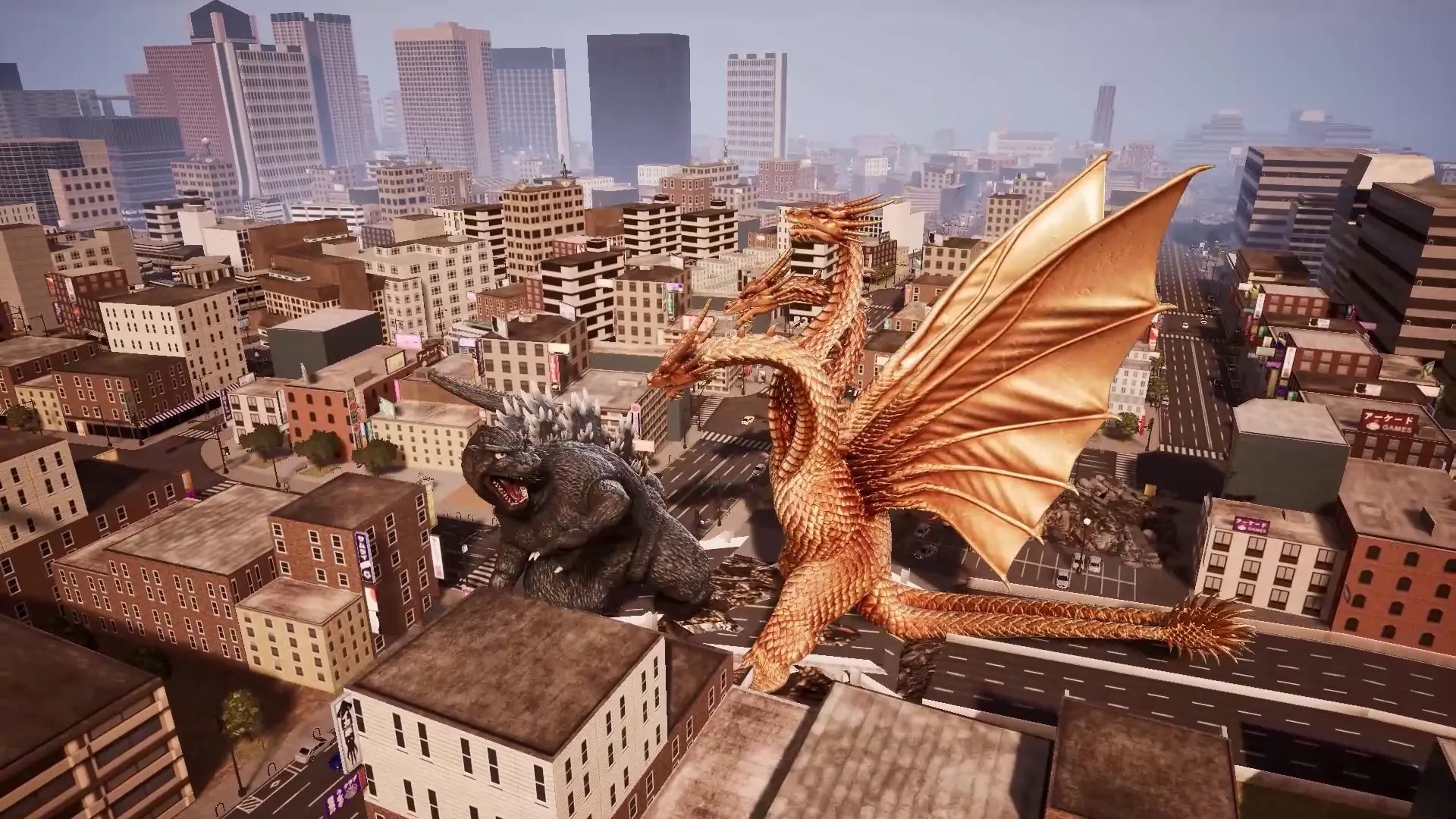 Godzilla facing a city-sized monster confrontation