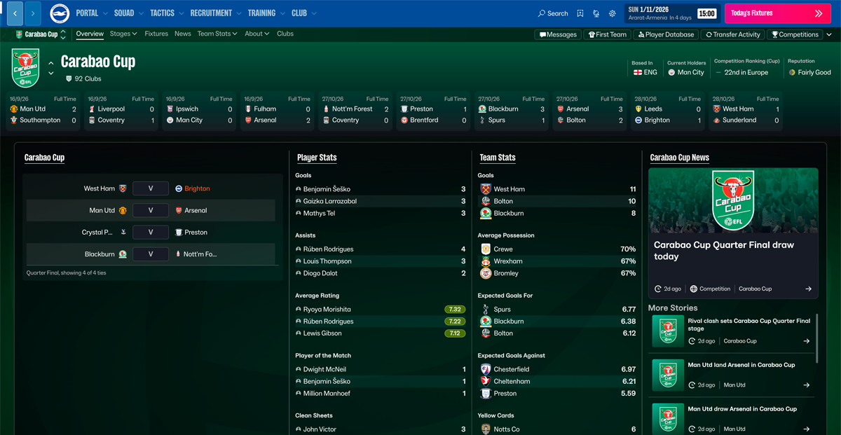 Football match screen in Football Manager 2027