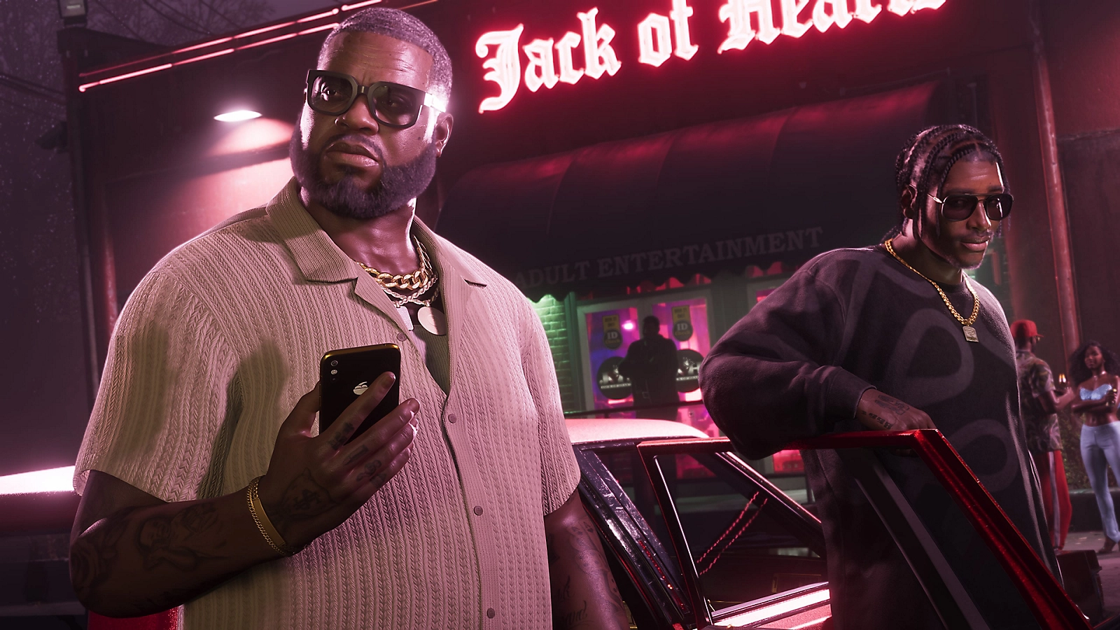 Characters outside a neon-lit nightlife venue