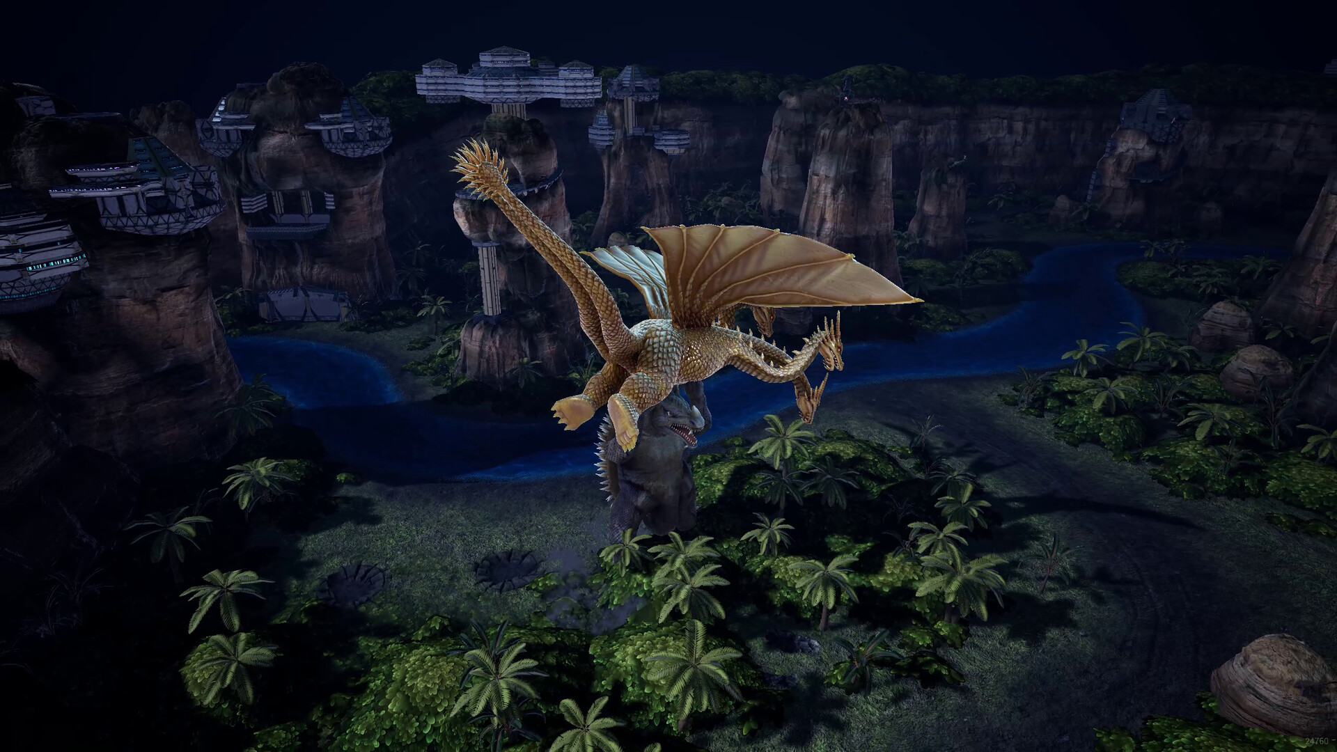 A cinematic giant-monster encounter